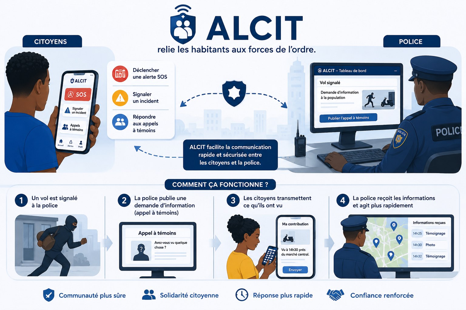 Diagram explaining ALCIT: a citizen raises an alert or reports an incident from their phone, the police publish an appeal for information from their dashboard, and what residents send back reaches them timestamped